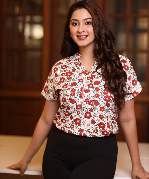 Front Open Floral Collar Top